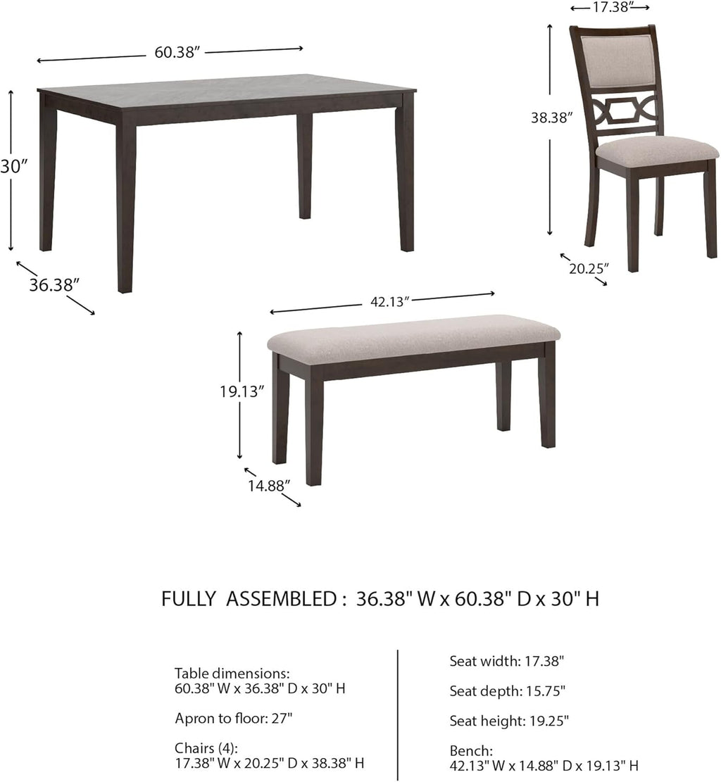 Signature Design by Ashley Langwest 6-Piece Dining Table Set with Bench | Seats up to 6, 60.38 in W dining table, Reverse diamond patterned veneer, Tapered legs, Light beige polyester fabric