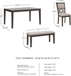 Signature Design by Ashley Langwest 6-Piece Dining Table Set with Bench | Seats up to 6, 60.38 in W dining table, Reverse diamond patterned veneer, Tapered legs, Light beige polyester fabric