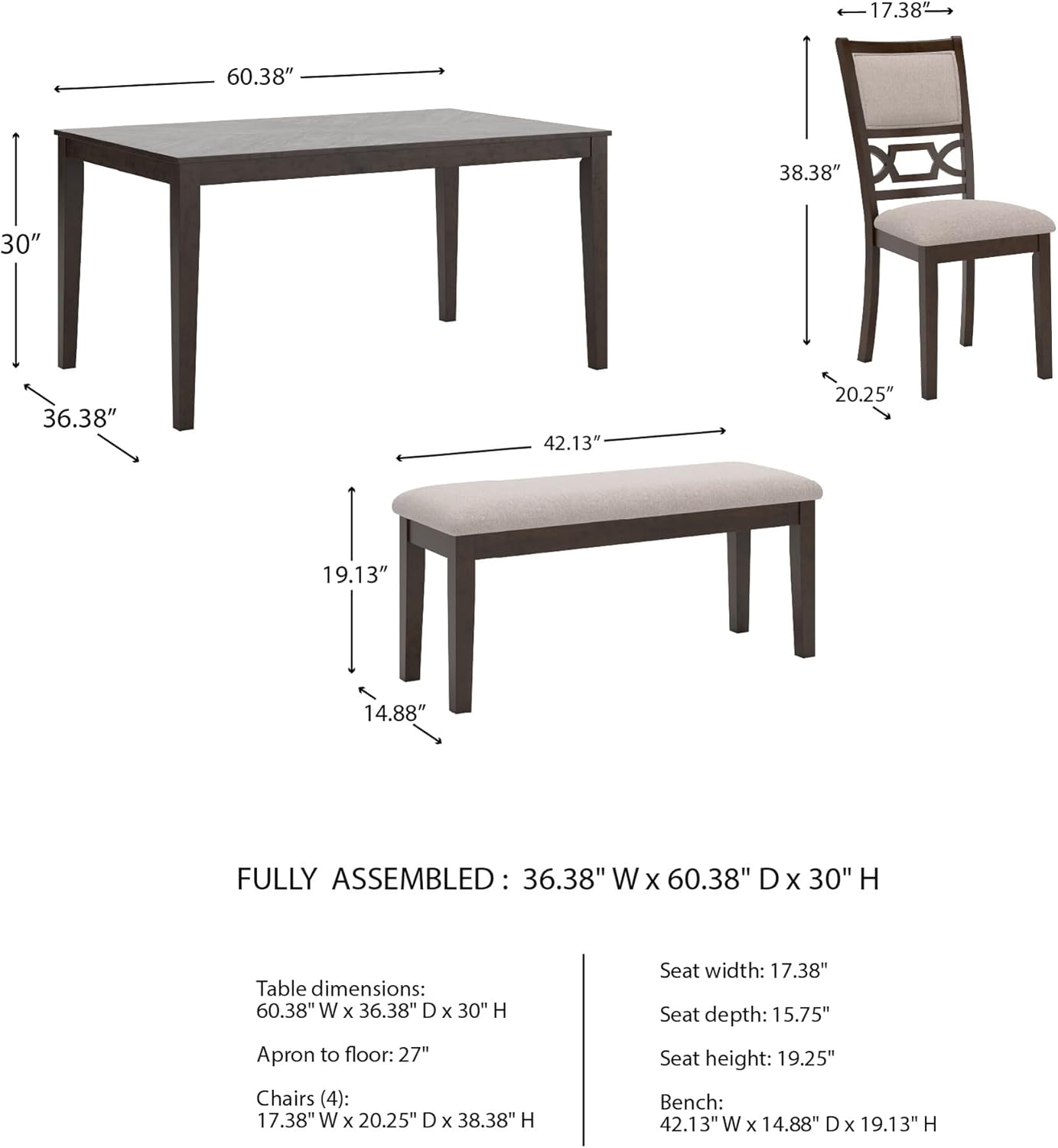 Signature Design by Ashley Langwest 6-Piece Dining Table Set with Bench | Seats up to 6, 60.38 in W dining table, Reverse diamond patterned veneer, Tapered legs, Light beige polyester fabric