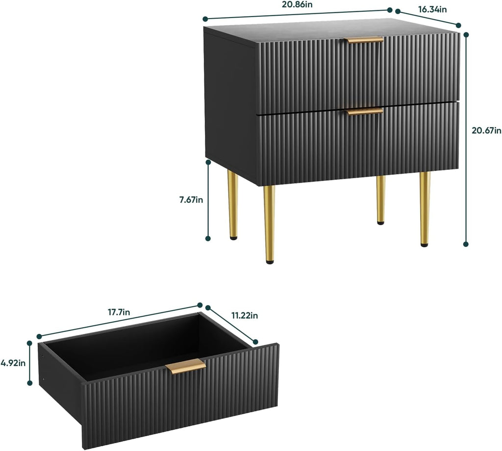 Modern Fluted Nightstand, Black Night Stand with Golden Handles and Metal Legs, Wooden Bedside Table with 2 Drawers for Bedroom Living Room