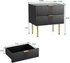 Modern Fluted Nightstand, Black Night Stand with Golden Handles and Metal Legs, Wooden Bedside Table with 2 Drawers for Bedroom Living Room