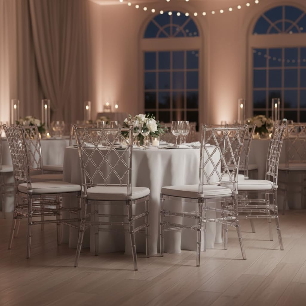 FOHFurniture Set of 3 Clear Acrylic Chiavari Chairs with Cushions, Fully Assembled Transparent Crystal Dining Chair, Accent Event Ghost Chairs for Wedding Event Reception (Clear(Grid))