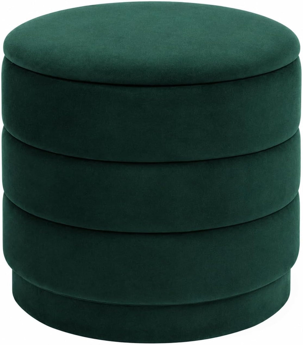 15.4" Round Velvet Storage Ottoman with Reversible Lid, Upholstered Circular Ottoman Footrest with Hidden Storage, Foldable Padded Footstool for Dorm Living Room & Bedroom, Bottle Green