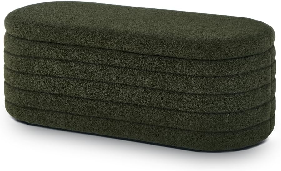 Modern Oval Storage Ottoman Bench, Upholstered Boucle Teddy Fabric End of Bed Bench with Storage, End of Bed Stool with Safety Hinge for Bedroom, Living Room, Entryway, Dark Green