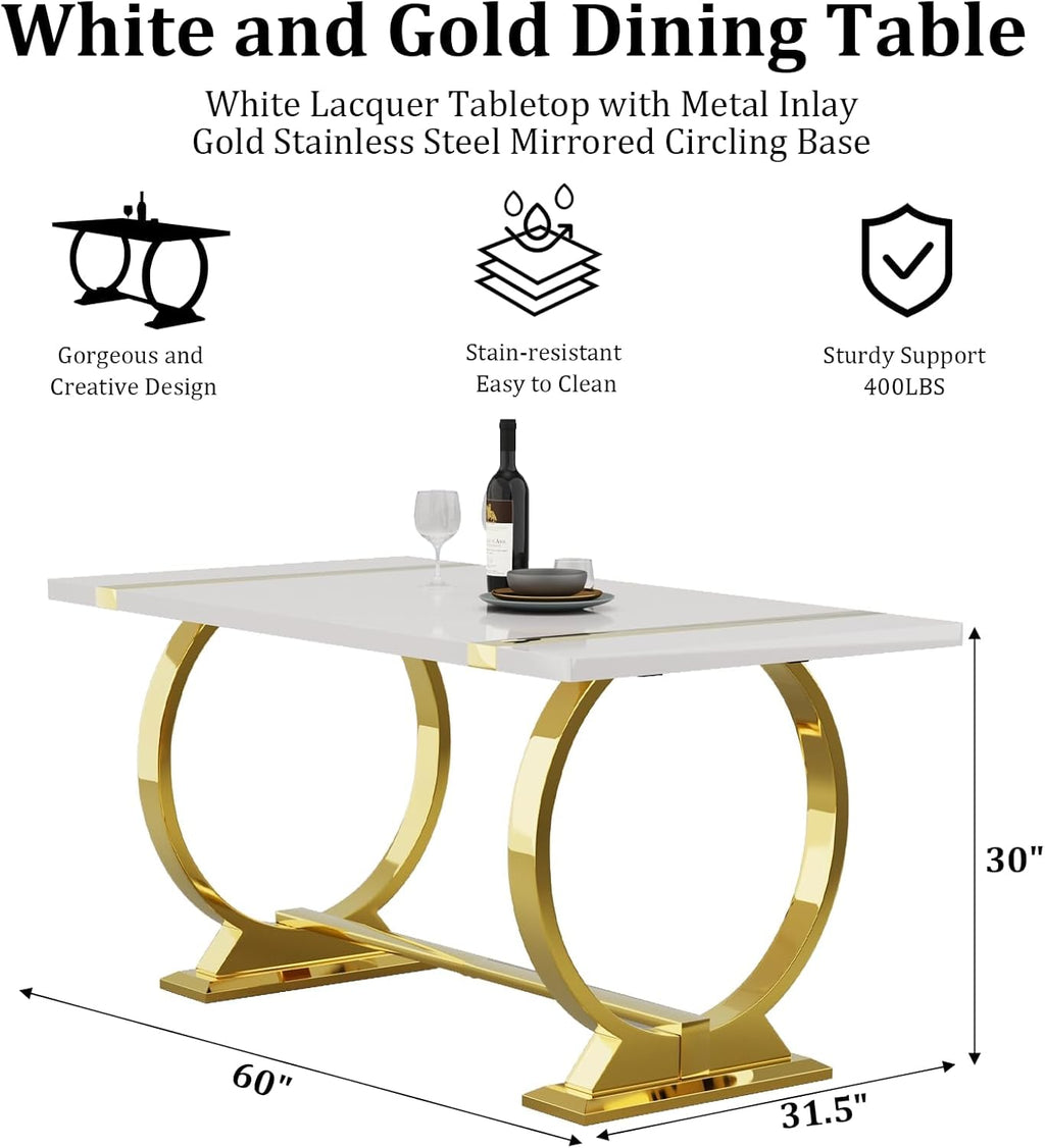 ACEDÉCOR Dining Table Set for 4, 5-Piece White and Gold Dining Set with 4 Faux Leather Dining Chairs, Modern Luxury Dining Room Table Set with Stainless Steel U-Shaped Base