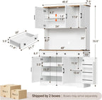 ELYKEN 71" Kitchen Pantry Cabinet with Charging Station & LED Lights, Tall Kitchen Storage Cabinet with Hutch, Farmhouse Pantry with Door Shelf & Pull Out Shelf for Dining Room Kitchen, White