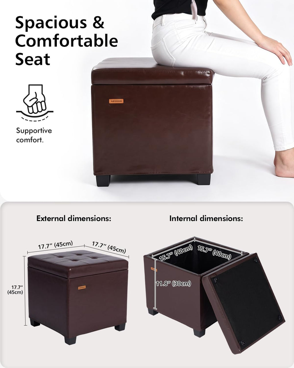 ABHENG Steel Frame Square Ottoman with Storage Antique Brown UASND63R | 17.7" x 17.7" x 17.7", Hold 660 lbs, 48L Storage Capacity, Waterproof Synthetic Leather, Removable Lid, for Dorm Living Room