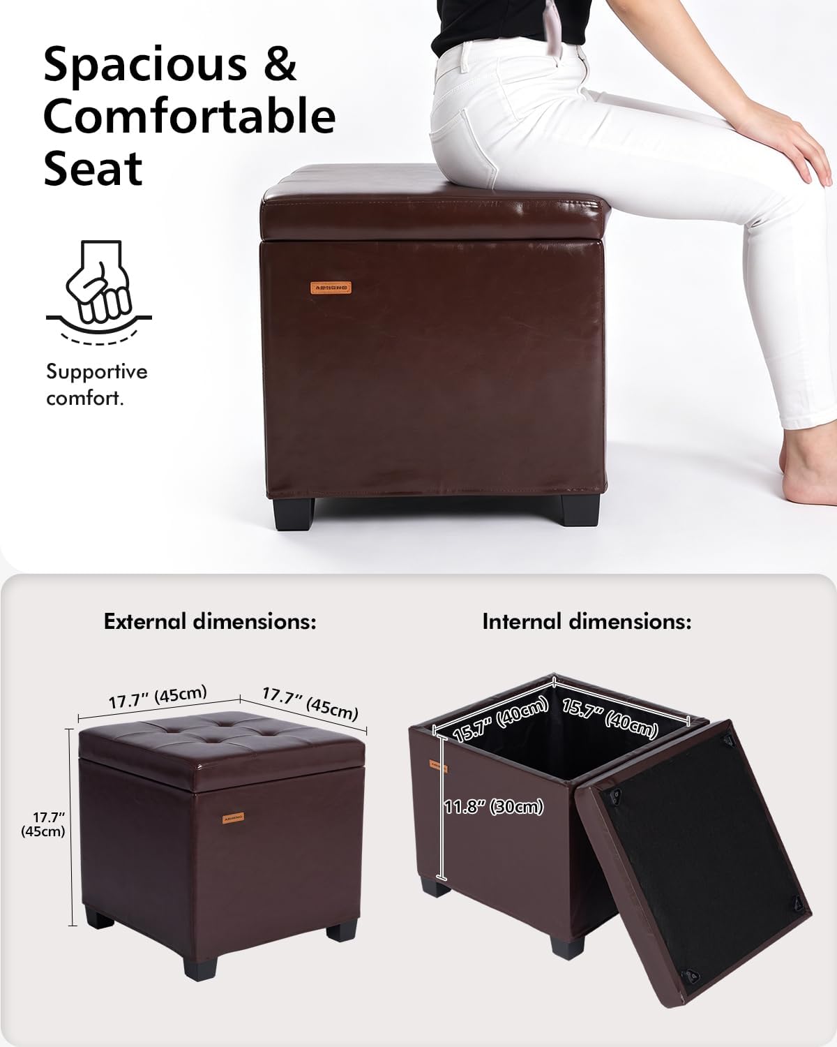 ABHENG Steel Frame Square Ottoman with Storage Antique Brown UASND63R | 17.7" x 17.7" x 17.7", Hold 660 lbs, 48L Storage Capacity, Waterproof Synthetic Leather, Removable Lid, for Dorm Living Room