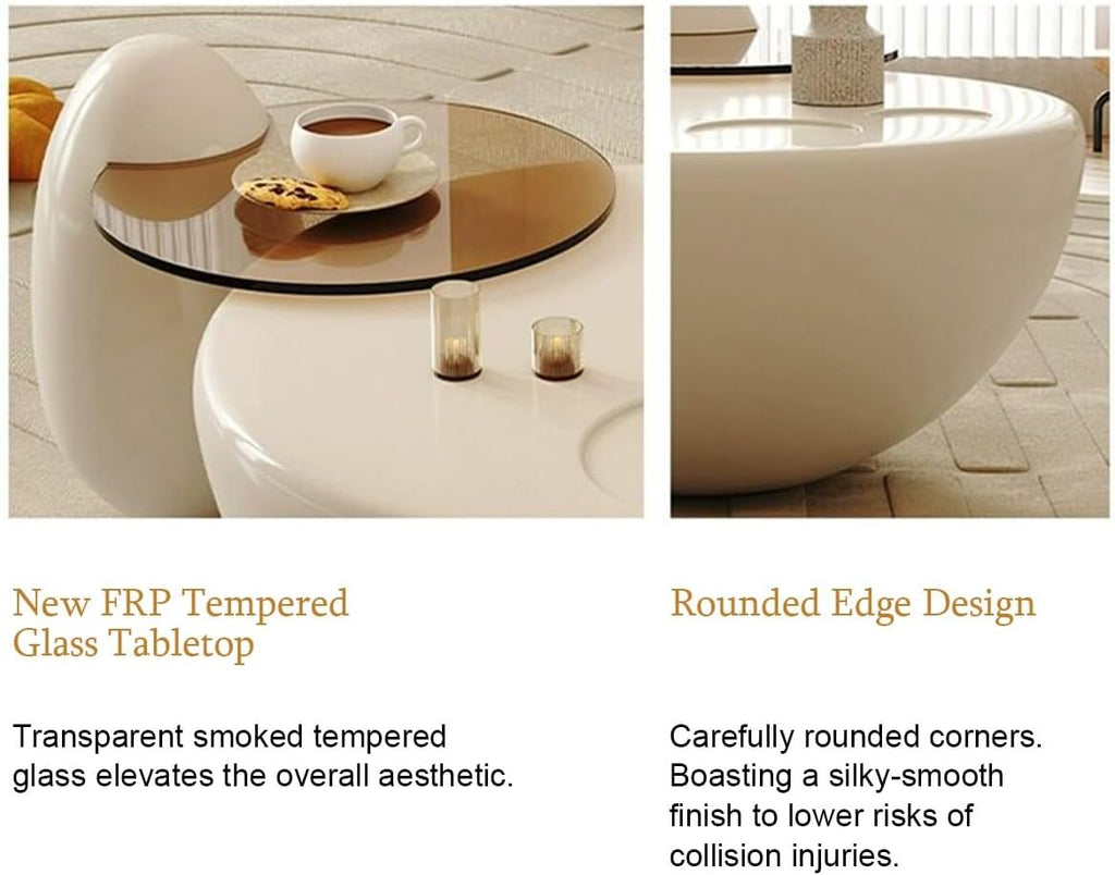 Round Nesting Coffee Table Set, FRP Gloss Lacquer Living Room Center Table | Cream Style Accent Table with Smoked Tempered Glass Tray, Fully Rounded Edge Low Profile Table for Modern Minimalist Home