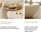Round Nesting Coffee Table Set, FRP Gloss Lacquer Living Room Center Table | Cream Style Accent Table with Smoked Tempered Glass Tray, Fully Rounded Edge Low Profile Table for Modern Minimalist Home