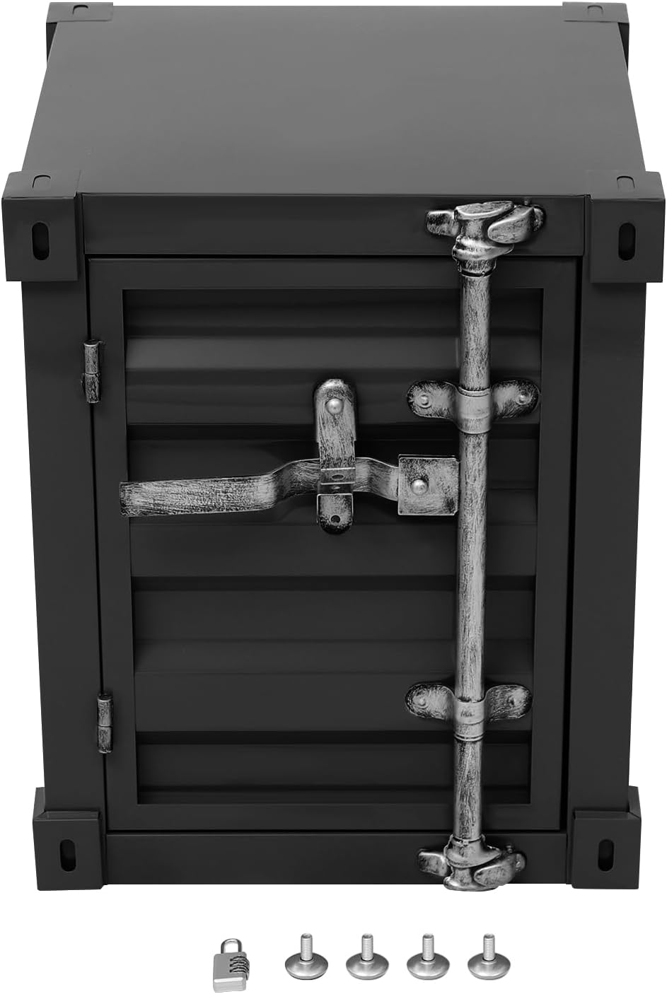 Industrial Iron Container Cabinet with Lock, Metal Side Table for Living Room Bedroom, Locker End Table with Storage Cabinet (Black)