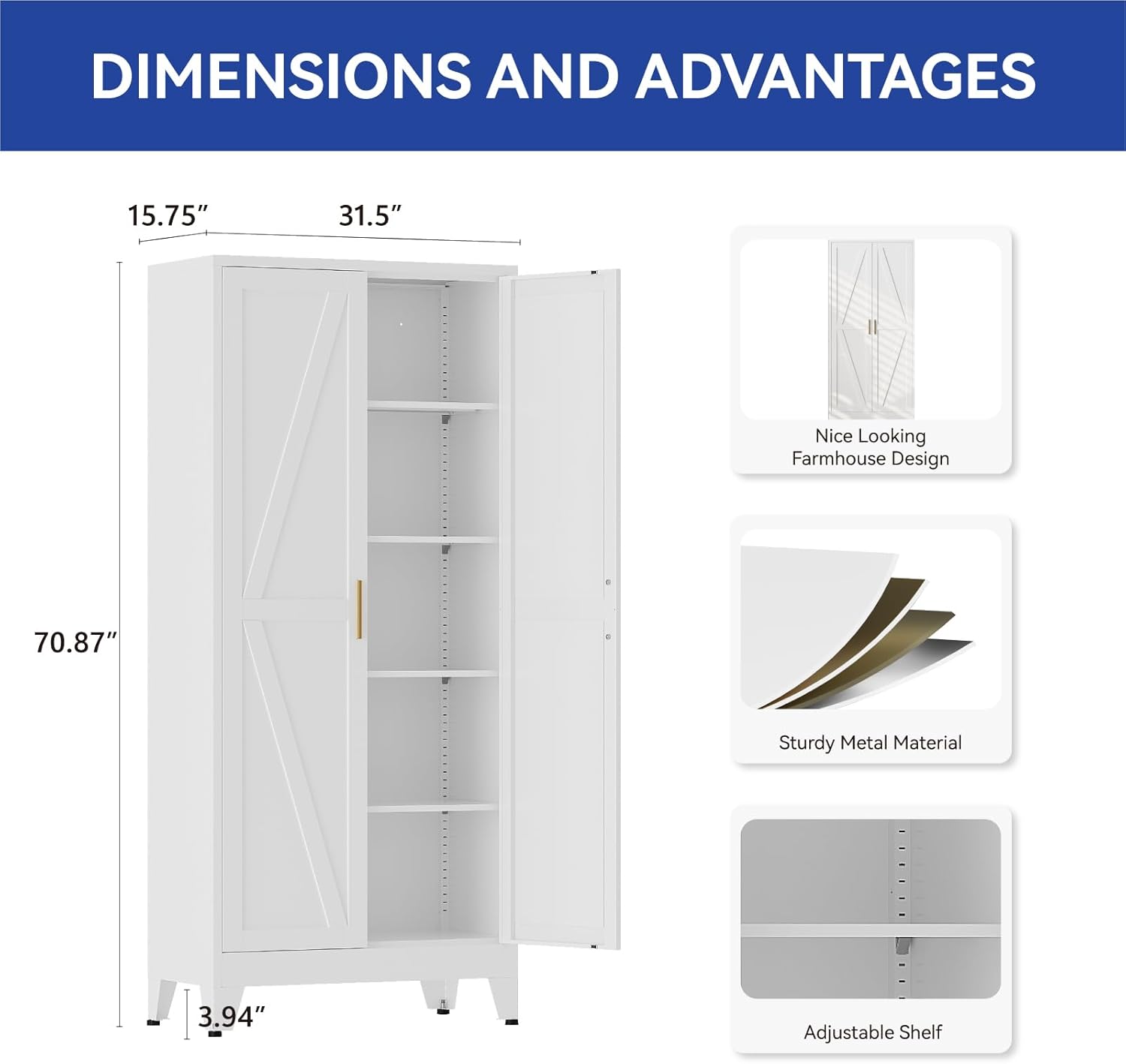 COFaR Metal Pantry Cabinet with Doors, Farmhouse 71'' Tall Storage Cabinet with 4 Adjustable Shelves, Kitchen Pantry Cabinet for Dinning Room, Laundry, Bathroom, Garage, White 5-Tier