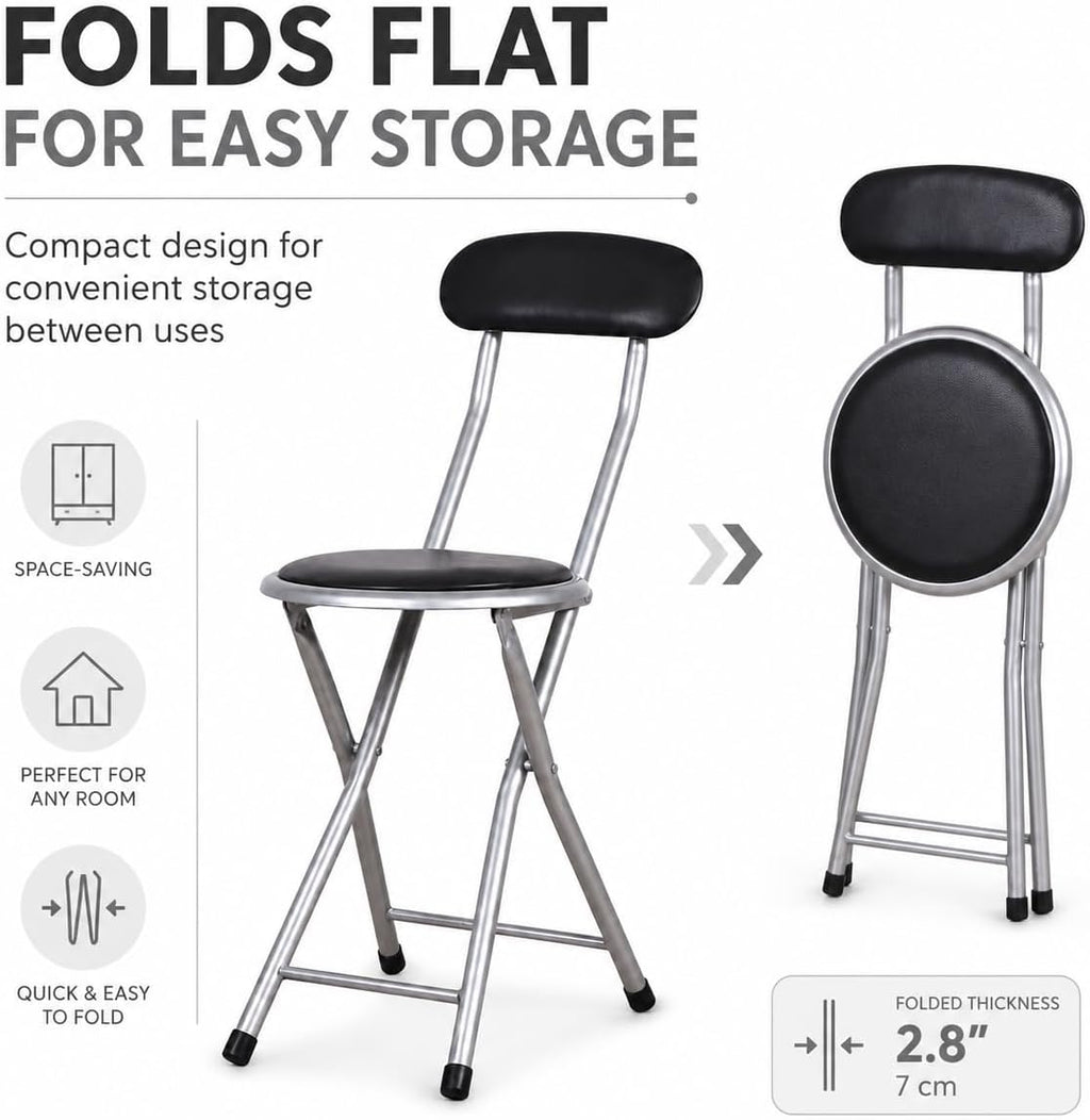 J&V TEXTILES Cushioned Padded Folding Stool with Back | Space-Saving Design, Folds Flat, Padded Backrest, Round Padded Seat, 2.8" Folded Thickness