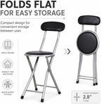 J&V TEXTILES Cushioned Padded Folding Stool with Back | Space-Saving Design, Folds Flat, Padded Backrest, Round Padded Seat, 2.8" Folded Thickness