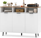 LOKO 47" W Buffet Sideboard, Kitchen Storage Cabinet with 3 Open Compartments, 3 Doors, 5-Position Adjustable Shelves, Coffee Bar Cabinet, Accent Sideboard for Living Room, White