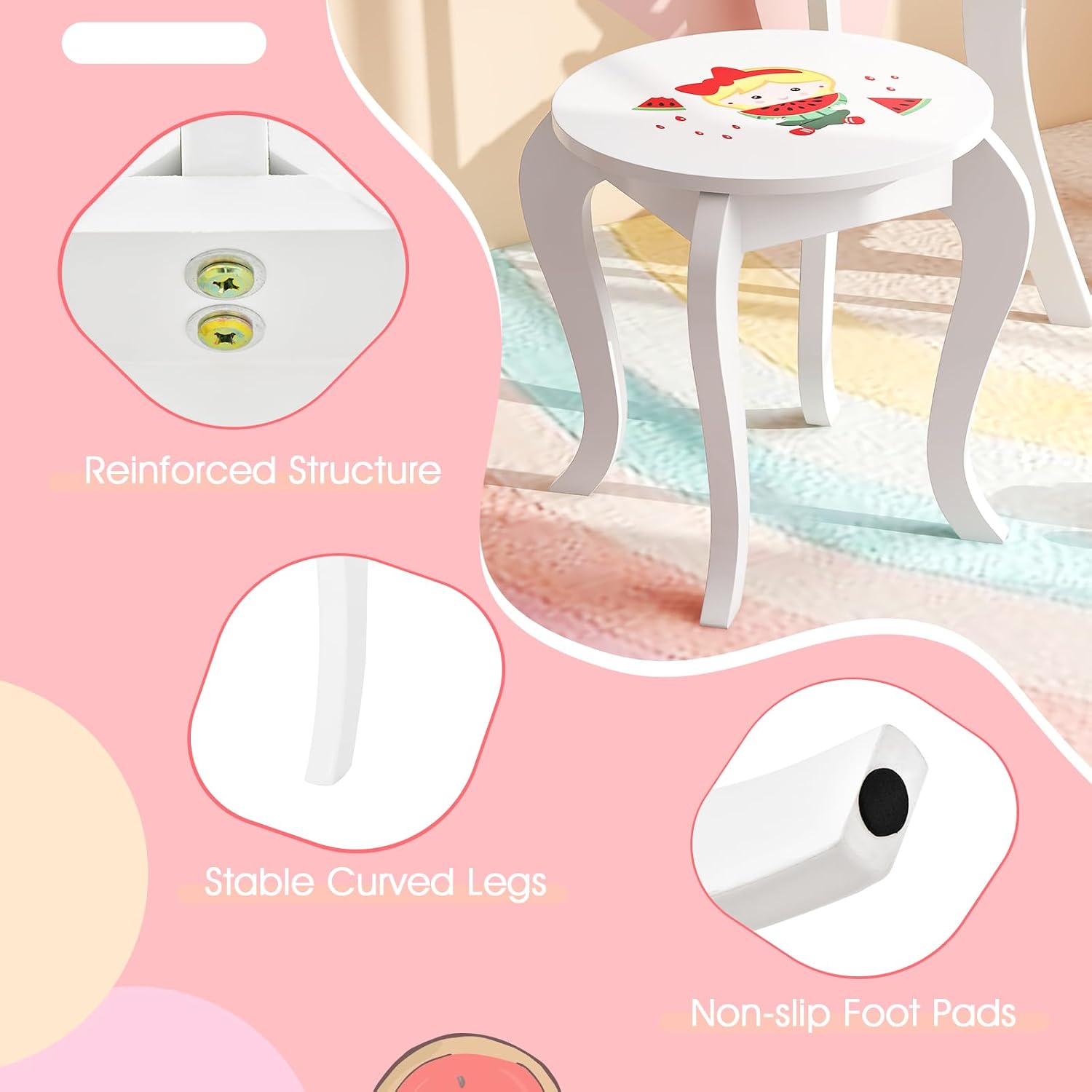 Costzon Kids Vanity, Girls Vanity Set with Mirror and Stool, Storage Drawer, Princess Toddler Makeup Vanity Desk Dressing Table, Wooden Kids Vanity Table and Chair Set (Fruit Pattern)