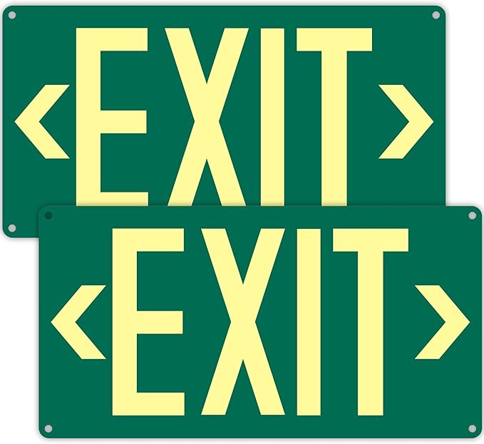 2Pack Photoluminescent Exit Sign Green - 14.25"x 7.5" Aluminum Glow In The Dark- Adhesive Backing- Includes 4pcs Removable Arrows
