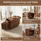 Folding Drop Leaf Dining Table and Hidden Chairs for Small Spaces Kitchen | Fully Assembled, Space Saving, Storage Table & 4 Lockable Wheels, Solid Wood & Wood Grain Finish, Walnut