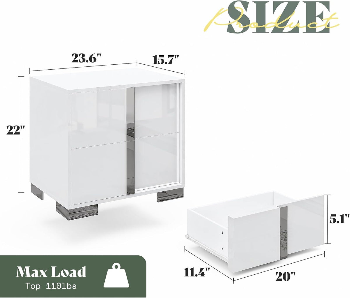 AMERLIFE Modern Nightstand, 23.6" End Table with 2 Drawers, White | Bedside Table for Bedroom, High Gloss UV Finish, Electroplated Pull Handle & Legs