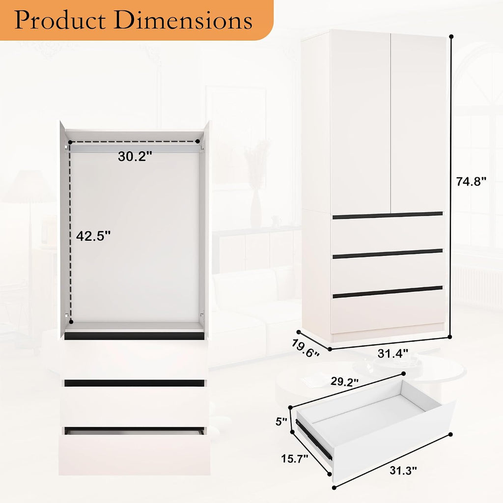 Armoire Wardrobe Closet with Drawers：75" Large White Wardrobe Closet Cabinet with 6 Doors for Hanging Clothes, Modern Wooden Bedroom Armoires with 5 Drawers and Storage (A+B+C, 94.5")
