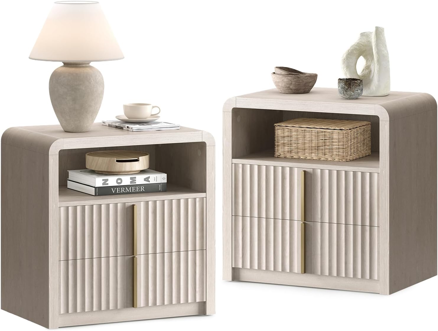 ModernMate Nightstand Set of 2, 23.6" Fluted Night Stand with 2 Drawer,Grey
