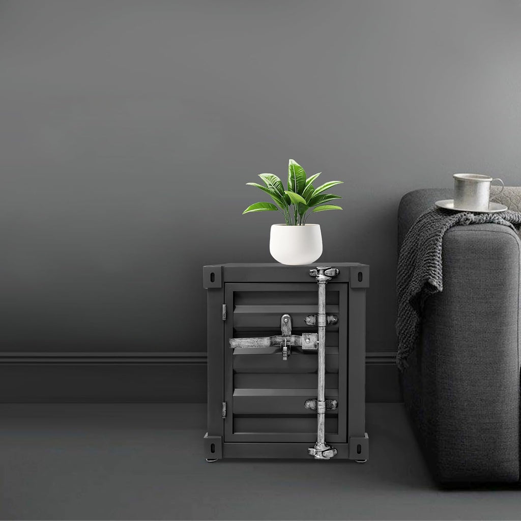 Industrial Iron Container Cabinet with Lock, Metal Side Table for Living Room Bedroom, Locker End Table with Storage Cabinet (Black)