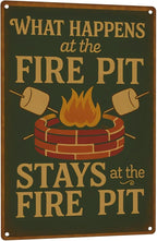 Funny Firepit Metal Sign - "What Happens at the Firepit" Outdoor Wall Decor for Patio, BBQ, Grill, or Campsite - Great Gift for Campers & Dads - 8" x 12"