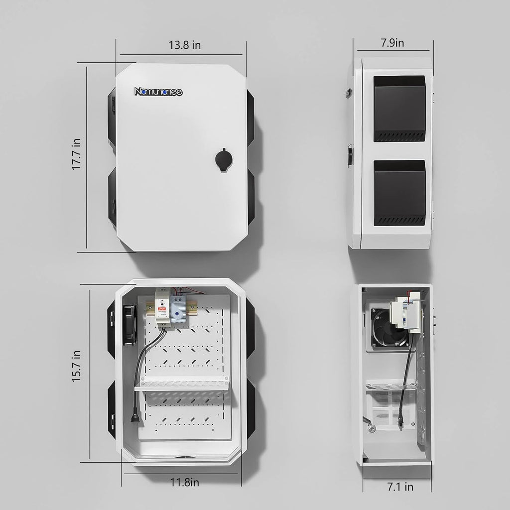 Outdoor Electrical Box with Thermostat and Fan, Cold-Rolled Steel Plate, Aluminum Alloy Back Beam, One-Piece Ventilation Design, IP65 Waterproof, Wall/Pole Mounted. (17.7" x 13.8" x 7.9")