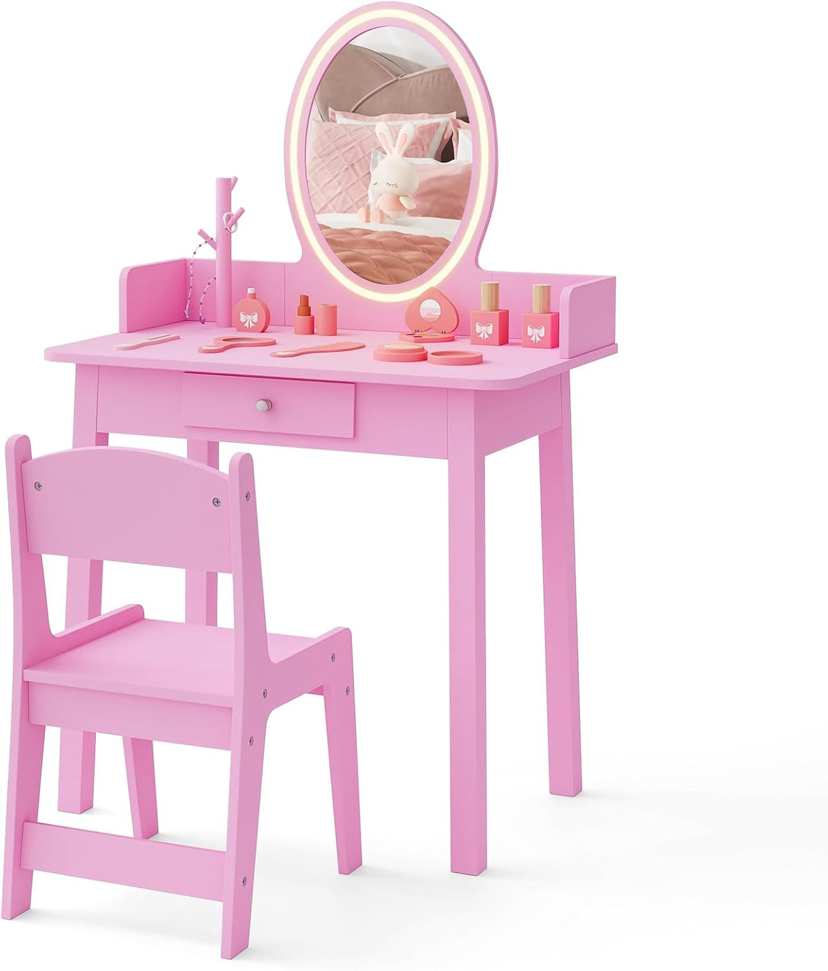 Costzon Kids Vanity, Girls Vanity Set with Mirror and Stool and Lights, Drawer, Jewelry Rack, 2 in 1 Wooden Princess Makeup Desk Dressing Table, Kids Vanity Table and Chair Set (Pink)