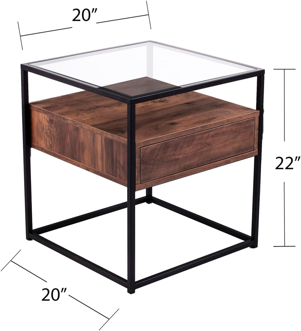 HomeStock Glass Top End Table with Drawer & Shelf - Industrial Accent Table - 20" Square