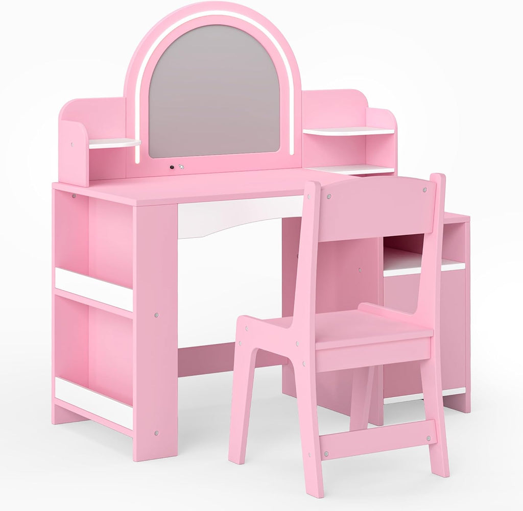 Kids Vanity with Lights, Kids Makeup Vanity with Bookshelf, Enclosed Cabinet and 3-tier Open Shelves, Little Girl Vanity Table Set with Lighted Mirror and Stools, Toddler Vanity for Girls (Pink)