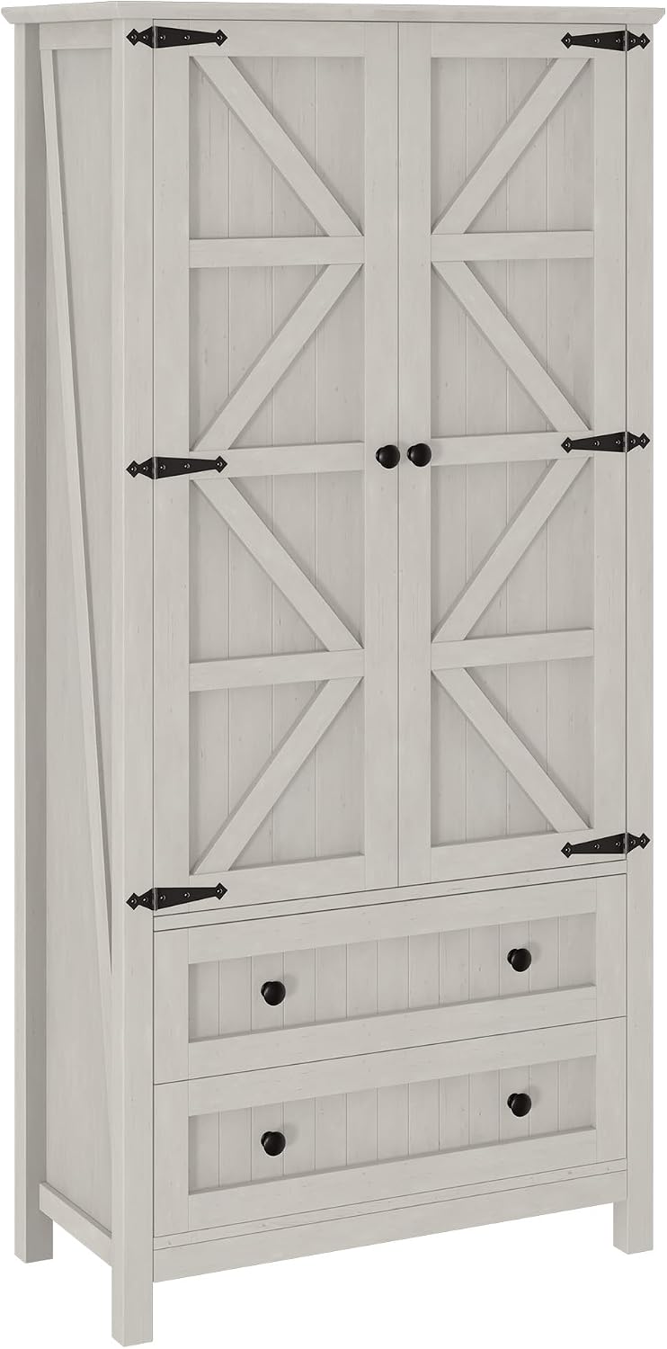 DWVO 64.5" Pantry Cabinet with Barn Doors, 2 Drawers & Shelves, Off White | Farmhouse Storage Cupboard for Dining Room, Living Room, and Bathroom