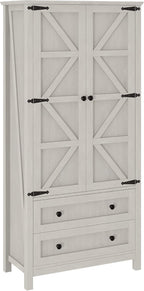 DWVO 64.5" Pantry Cabinet with Barn Doors, 2 Drawers & Shelves, Off White | Farmhouse Storage Cupboard for Dining Room, Living Room, and Bathroom