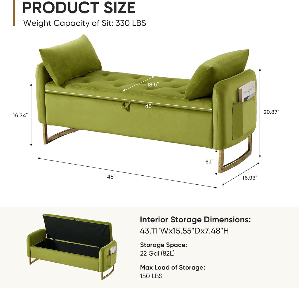48" End of Bed Bench, Modern Storage Benches with Button-Tufted, Velvet Upholstered Storage Ottoman Bench for Foot of Bed with Arms, Gold Legs Window and Entryway, Olive Green