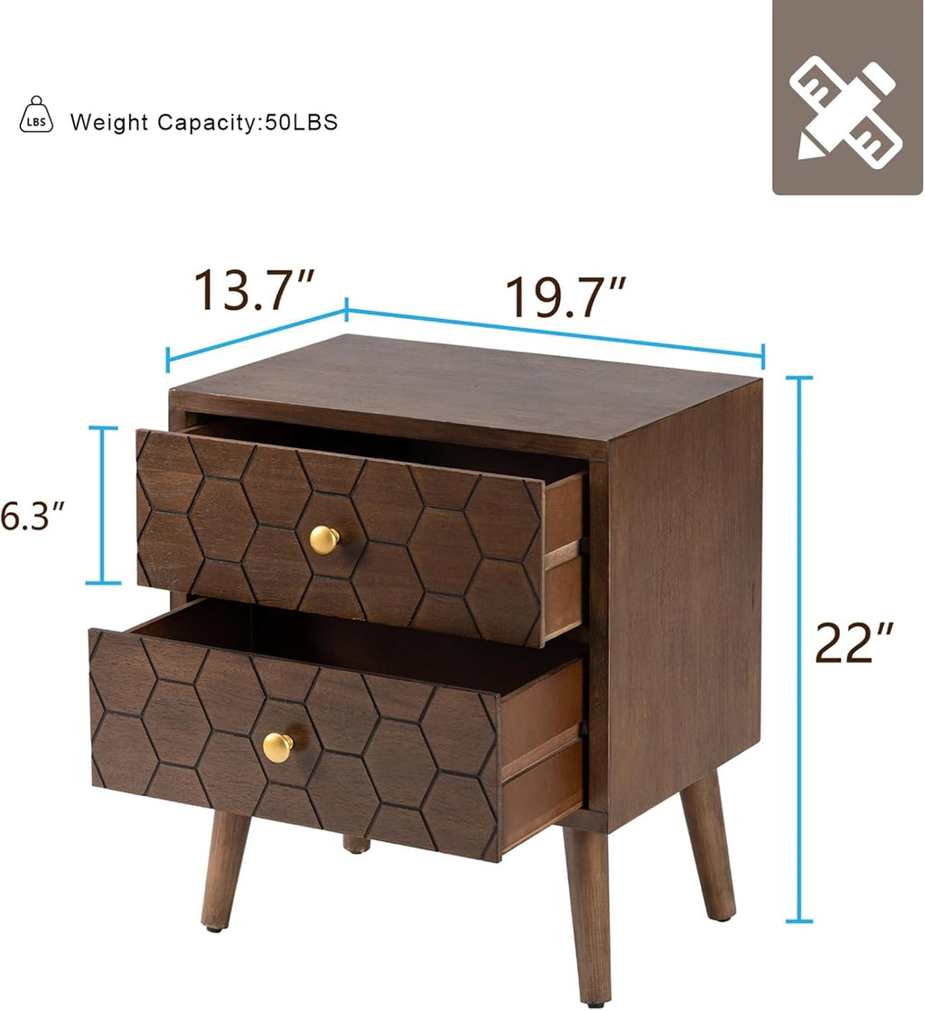 HOMPUS Wood Nightstand Set of 2, Modern Nightstand with Drawers Set 2 w Honeycomb Pattern, Small 2 Drawer Dresser, Bedside End Table with Solid Wood Legs for Bedroom, Dorm, Brown