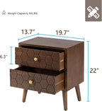 HOMPUS Wood Nightstand Set of 2, Modern Nightstand with Drawers Set 2 w Honeycomb Pattern, Small 2 Drawer Dresser, Bedside End Table with Solid Wood Legs for Bedroom, Dorm, Brown
