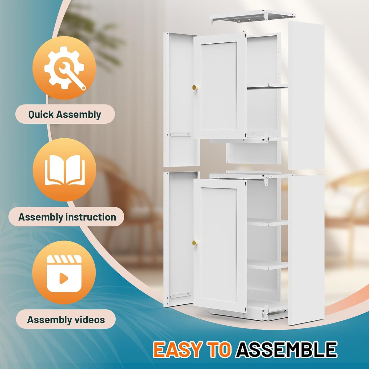 Eltean 67" Tall Narrow Storage Cabinet,Bathroom Cabinets | Narrow Pantry Cabinet with 3 Adjustable Shelves,Reversible Doors Opening,Kitchen Cupboard for Pantry,White (15.7" W)