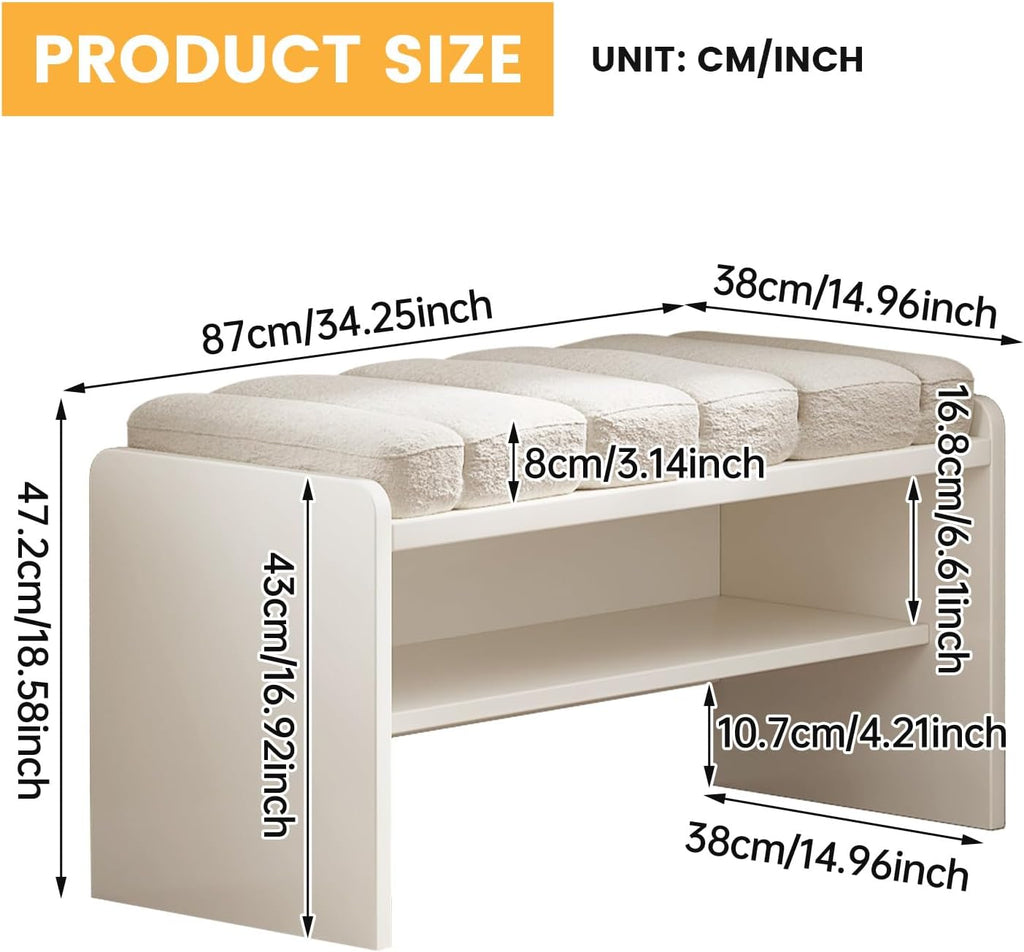 Modern Shoe Bench with Storage, Shoe Rack with Cushion Upholstered Fabric Shoes Changing Stool with 2 Tier Storage Space for Entryway Living Room End of Bed Bedroom, Cream White