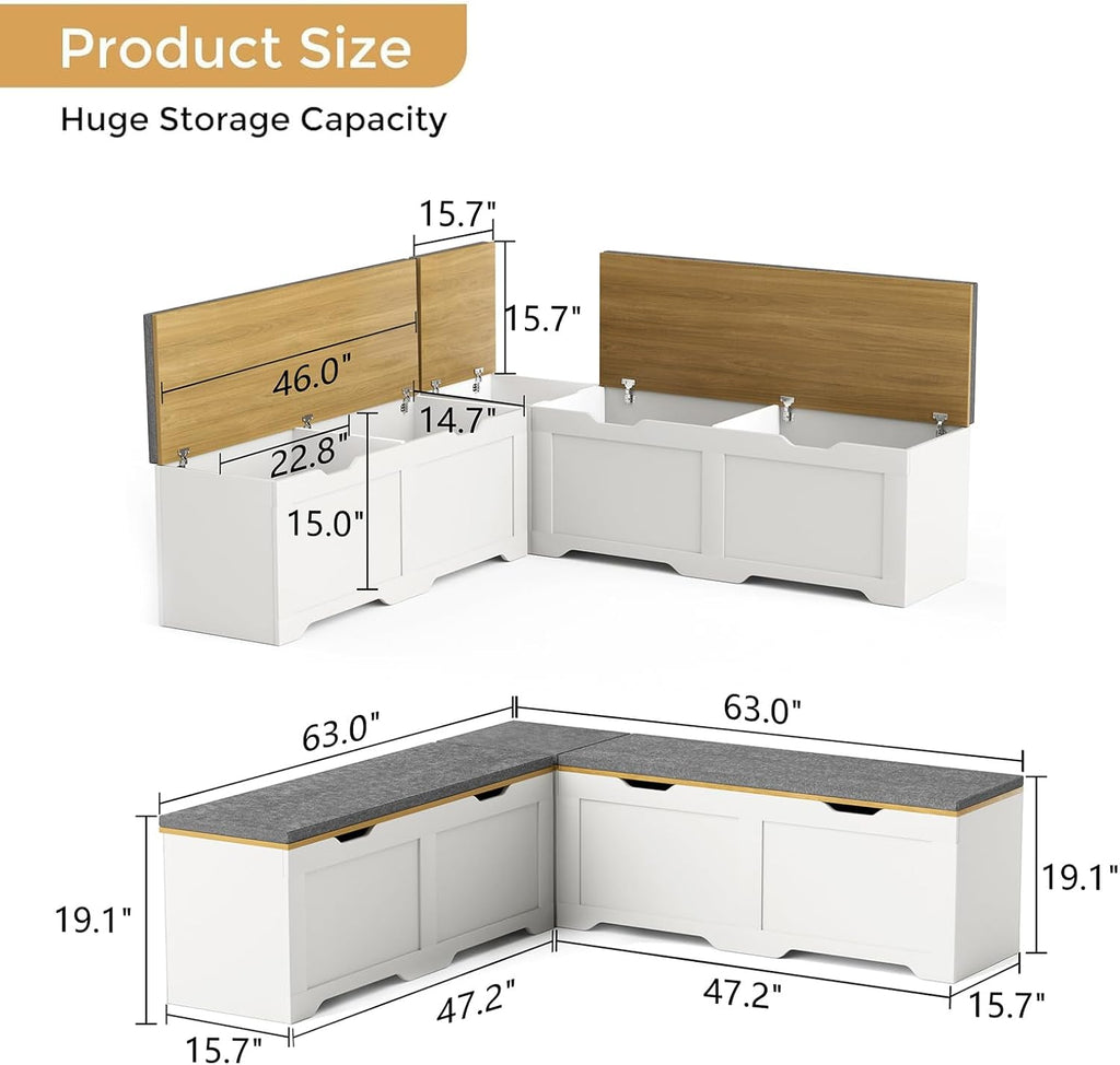 L-Shape Storage Bench with Cushion, 3-Pcs Large Capacity Entryway Chest Corner Seating Bench, Modern Modular Organizer Box for Kitchen, Living Room, Dining Room, Bedroom (White & Wood)