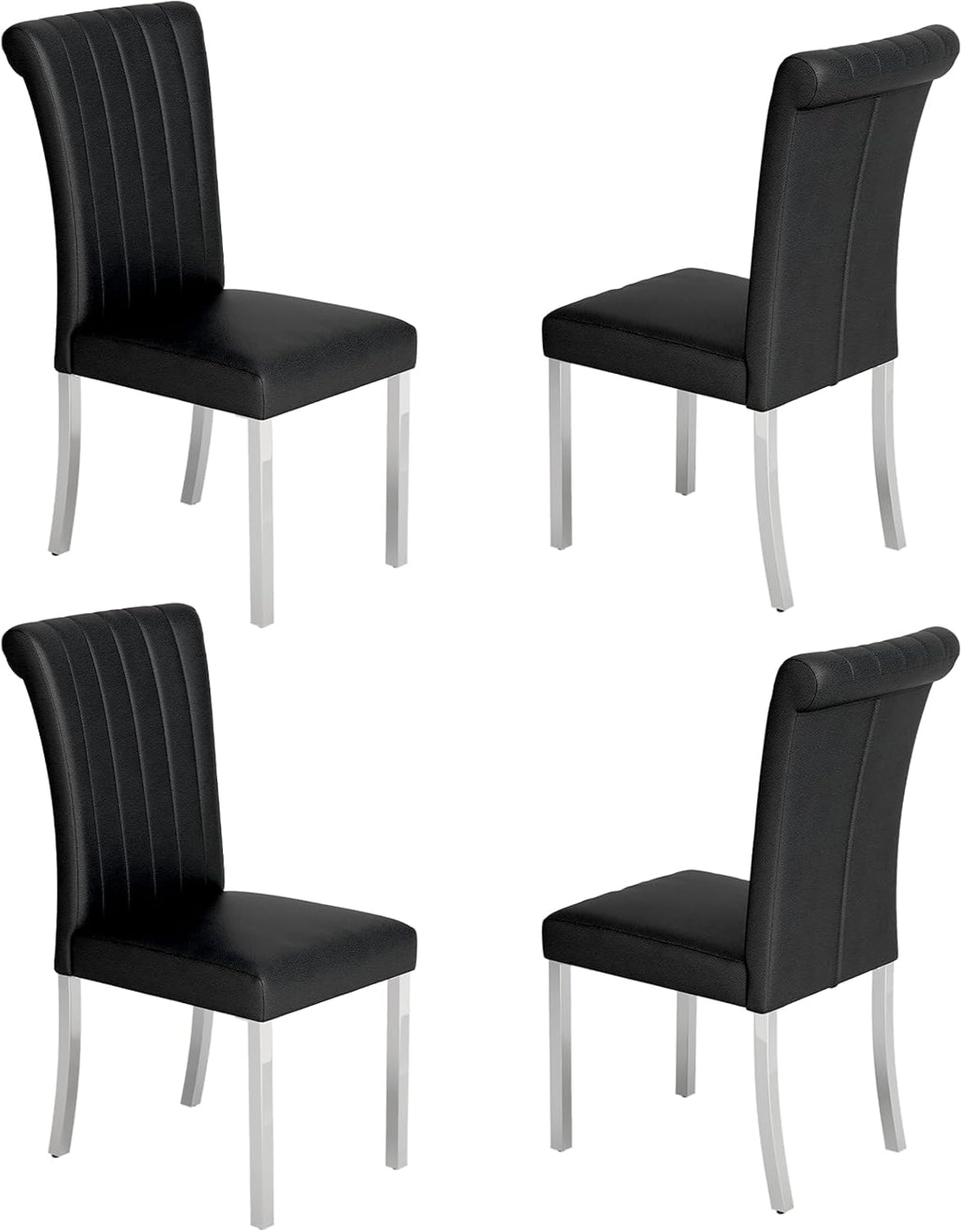 ACEDÉCOR Modern Dining Chairs Set of 4, Black Leather Dining Room Chairs with Silver Stainless Steel Legs, Upholstered Chairs with High Back and Metal Chrome Legs for Kitchen/Living Room/Restaurant