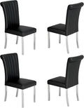 ACEDÉCOR Modern Dining Chairs Set of 4, Black Leather Dining Room Chairs with Silver Stainless Steel Legs, Upholstered Chairs with High Back and Metal Chrome Legs for Kitchen/Living Room/Restaurant