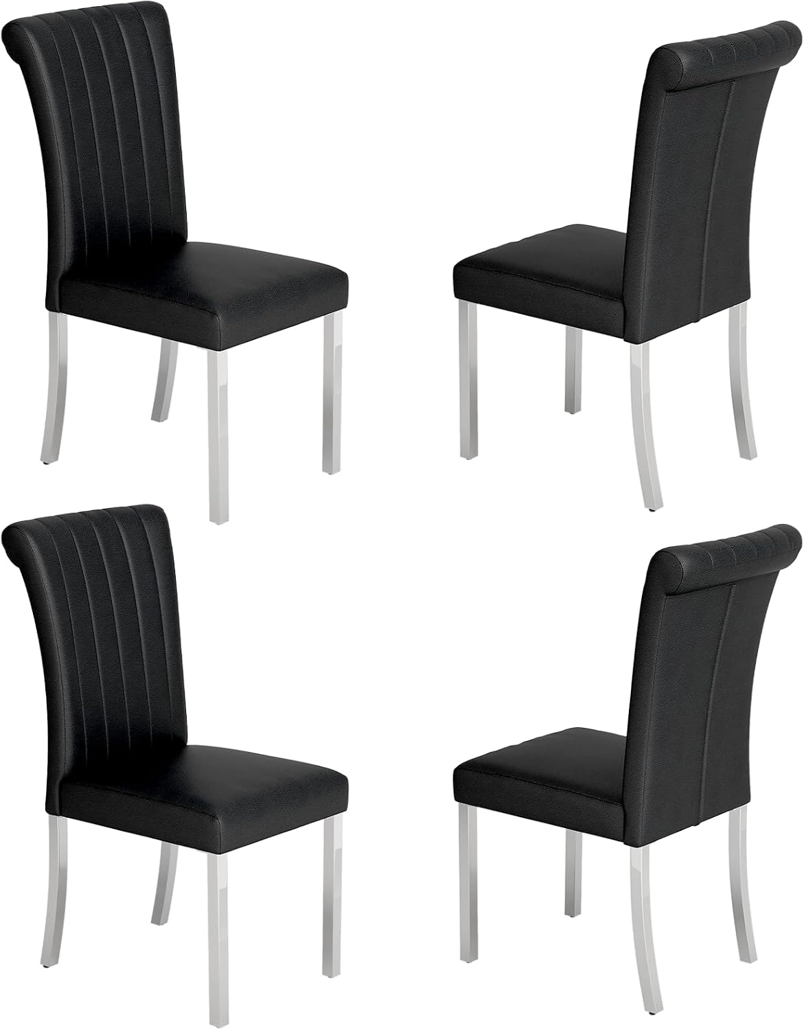 ACEDÉCOR Modern Dining Chairs Set of 4, Black Leather Dining Room Chairs with Silver Stainless Steel Legs, Upholstered Chairs with High Back and Metal Chrome Legs for Kitchen/Living Room/Restaurant