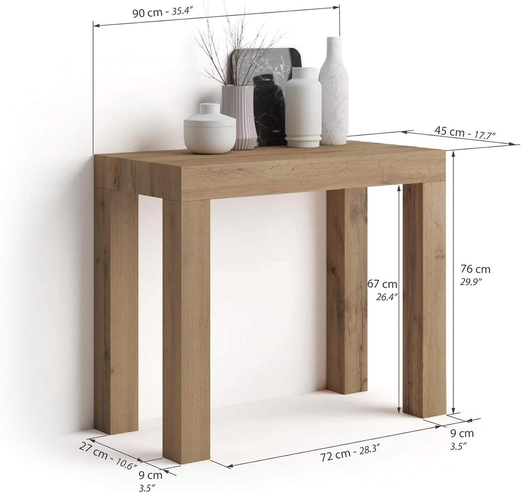 Mobili Fiver, First, Extendable Console Table 17.7(120) x35.4 in, Rustic Oak, for 4-14 People, Space-Saving Dining Table, Italian Furniture