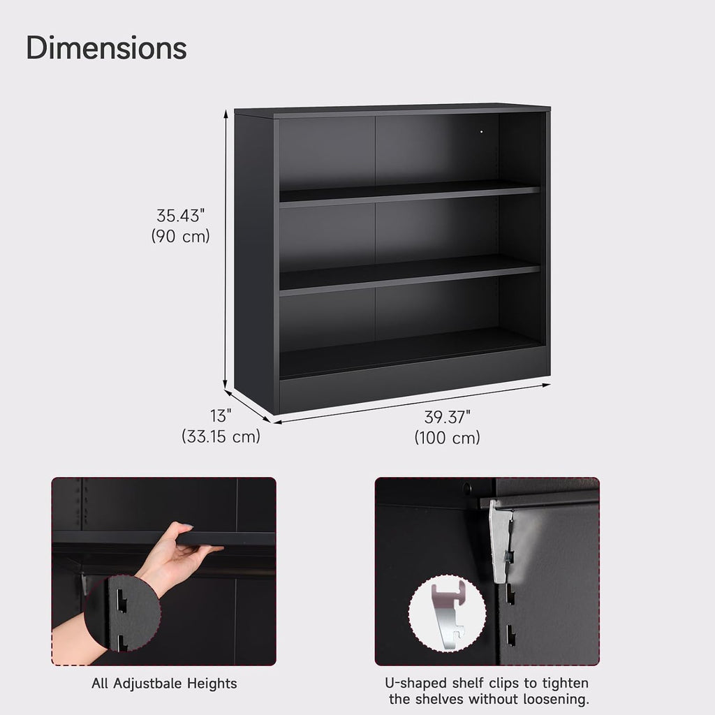 Metal Black Bookshelf, Short Bookshelf with Adjustable Shelves, 3 Tier | Open Bookcase, Small Storage Cabinet, Office Shelves, Cabinet Display Case for Home Office, Living Room, Library, Classroom