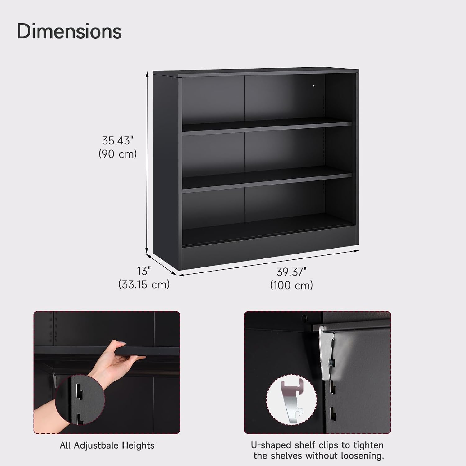 Metal Black Bookshelf, Short Bookshelf with Adjustable Shelves, 3 Tier | Open Bookcase, Small Storage Cabinet, Office Shelves, Cabinet Display Case for Home Office, Living Room, Library, Classroom
