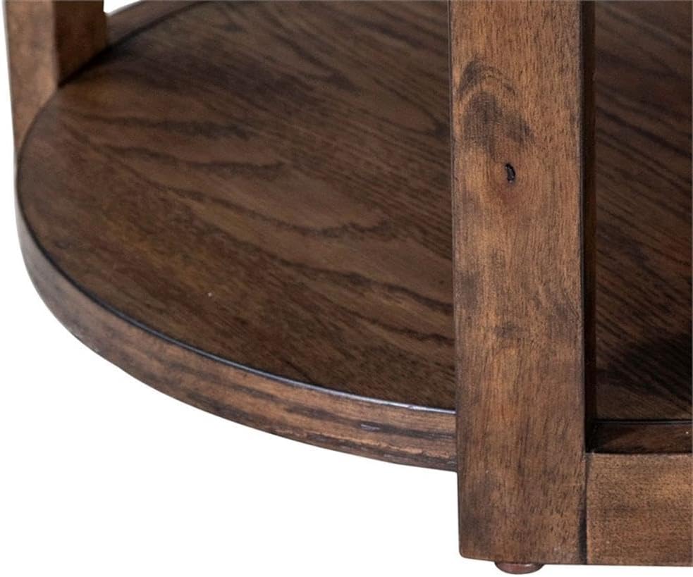 Pemberly Row 3 Piece Round Cocktail and End Table Set, Brown Oak Finish, Rubberwood and Oak Veneer, Basketweave Design, Compact Living Room Furniture Set, Includes Round Coffee Table and 2 End Tables