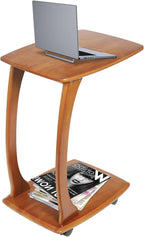 C Shaped Side Table for Couch, Solid Wood End Table with Rolling Wheels, Sofa Table That Slide Under for Small Space Living Room, Bedroom Laptop Work Desk (Walnut)