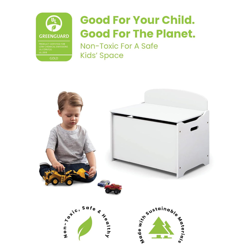 Delta Children MySize Toddler Bed, Bianca White + MySize Kids Wood Table and 2 Chair Set + MySize Deluxe Toy Box (Bundle)