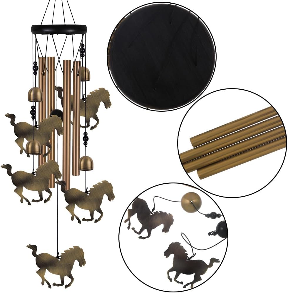 Horse Wind Chimes Outdoor Decor - with 4 Tubes 4 Bells 5 Horses Wind Chime, Mobile Romantic Horse Wind Catcher, Garden Horses Windchimes for Home, Mom Gifts, Balcony, Tree, Festival, Garden Decoration