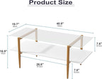 Glass Coffee Table, Rectangle Living Room Center Table with Golden Legs, Mid-Century Modern Accent Tables with Open Shelf for Living Room, Office, White